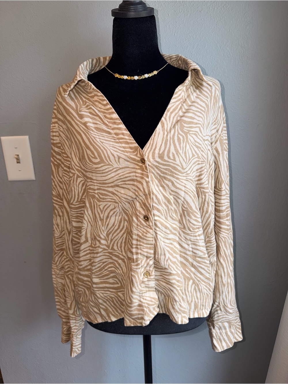 Michael Kors Beige and White Zebra Print Button-Down Top